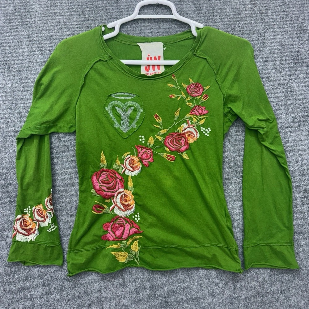 JW Los‎ Angeles green blouse top embroidered roses women's Large w/ small stain